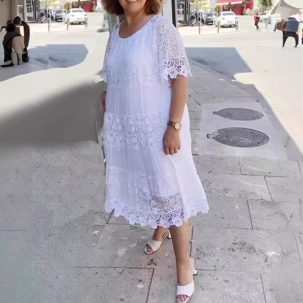 Women's midi dress with lace tiers, pleated inserts and short trumpet sleeves StylebySassy