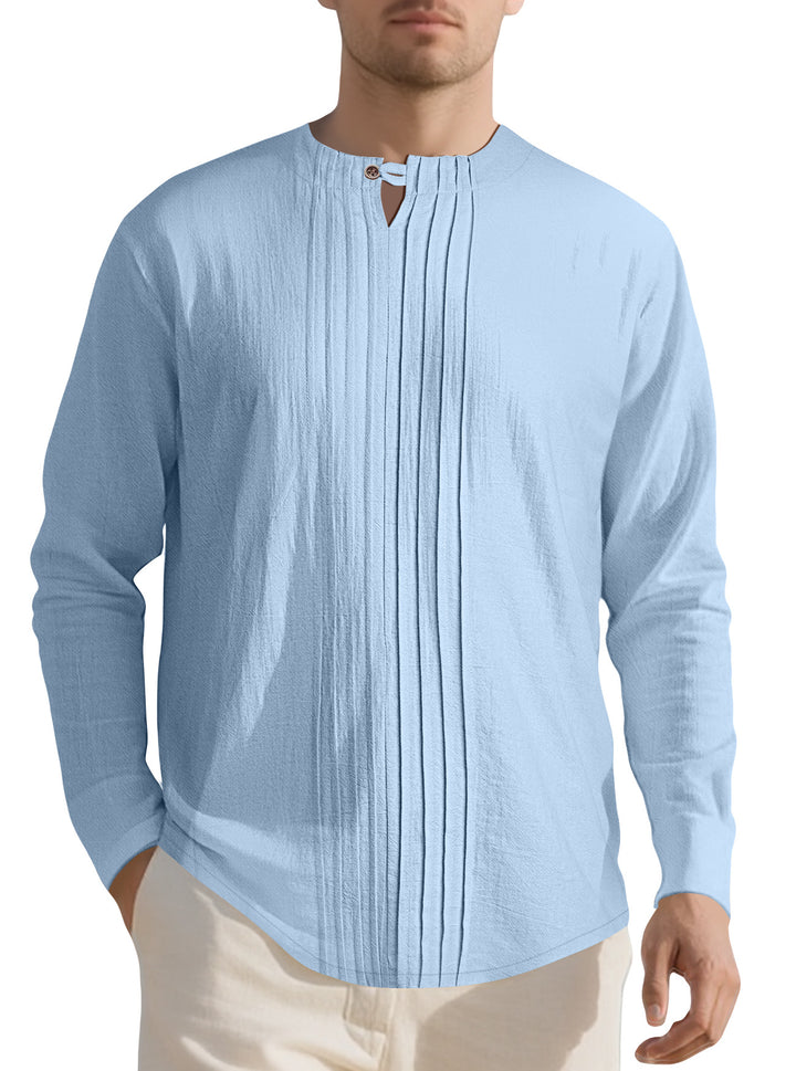 Men's Naan light structured tunic shirt with stand-up collar, pleats and loop button StylebySassy