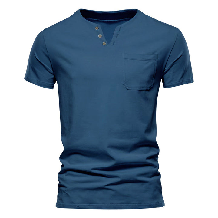 Men's tailored short sleeve Henley shirt with chest pocket and asymmetrical button placket StylebySassy