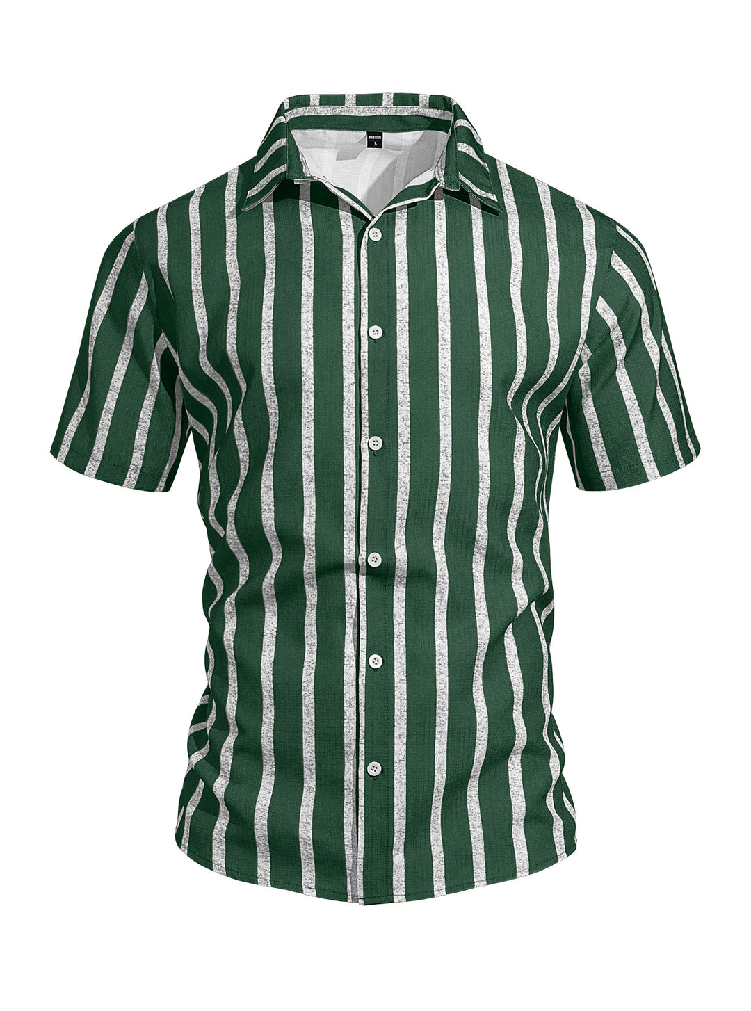 Men's casual short sleeve shirt with vertical block stripes, open lapel collar, and lightweight cotton-linen blend StylebySassy