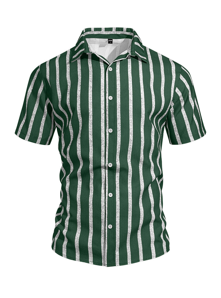 Men's casual short sleeve shirt with vertical block stripes, open lapel collar, and lightweight cotton-linen blend StylebySassy