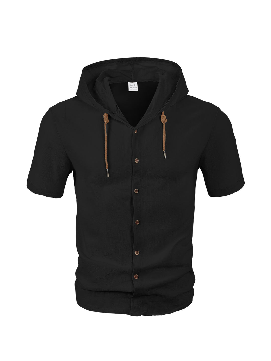 Men's short-sleeve hooded shirt with natural fiber texture, button-up front, and drawstring StylebySassy