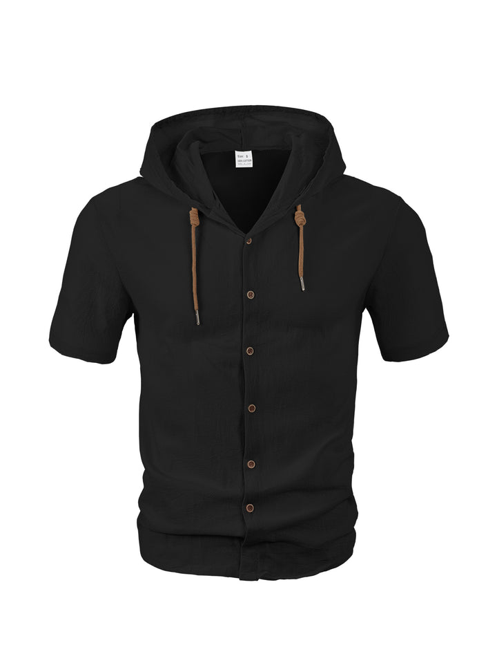 Men's tailored short-sleeve hooded shirt in textured linen look with wood look buttons and drawstring StylebySassy