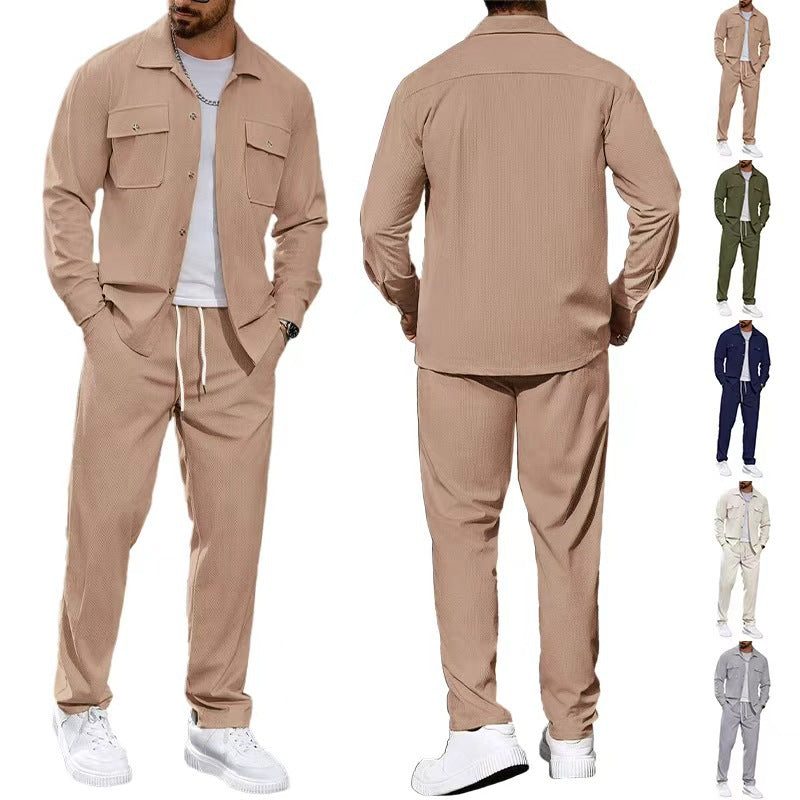 Men's casual two-piece shirt jacket with applied chest pockets and drawstring pants StylebySassy