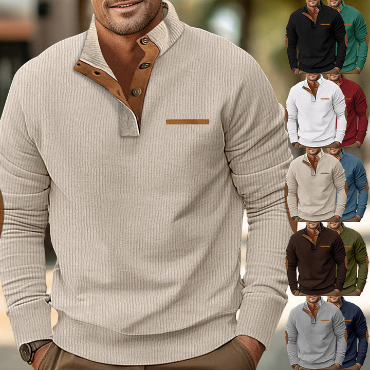 Men's ribbed long sleeve pullover with stand-up collar and faux leather elbow patches StylebySassy