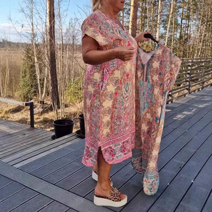 Women's flowing midi dress in tunic-kaftan mix with V-neck, short sleeves, loose fit, and matching pareo StylebySassy