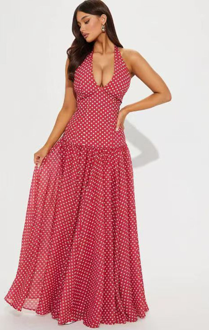 Ladies long halter dress with deep V-neck, tailored empire seam and flared layered skirt StylebySassy