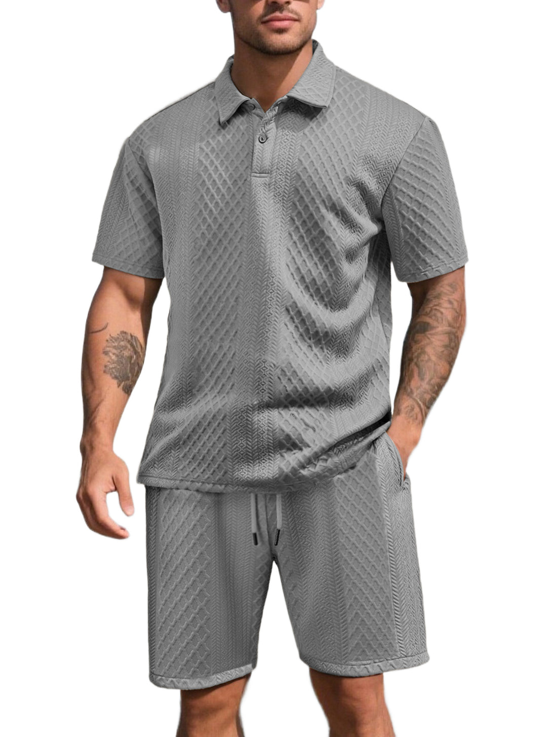 Men's three-dimensional relief leisure set with polo collar, concealed button placket and elastic drawstring shorts StylebySassy