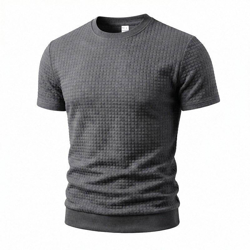 Men's short-sleeved knit shirt with embossed check structure, round neckline, and ribbed hem StylebySassy