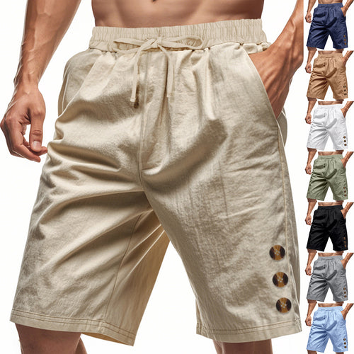 Men's knee-length casual Bermuda shorts with elastic tunnel drawstring waist, side slit pockets, and round decorative appliqués StylebySassy