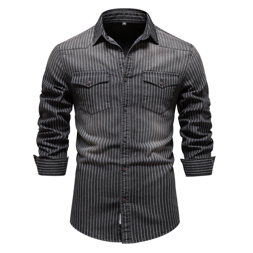 Men's tailored long-sleeve denim shirt with pinstripes and patch pockets StylebySassy