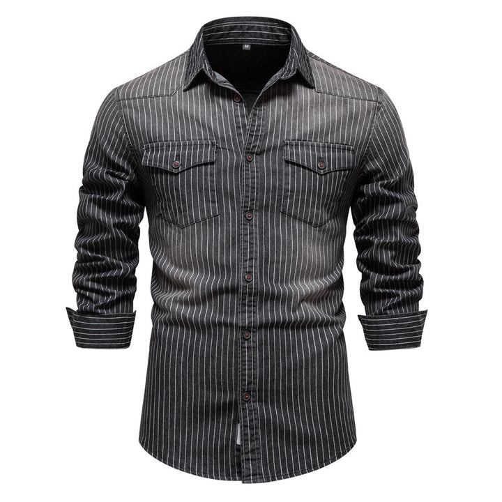 Men's tailored long-sleeve denim shirt with pinstripes and patch pockets StylebySassy