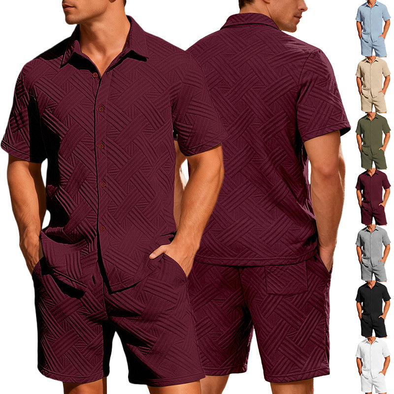 Men's lightweight short-sleeve shirt and Bermuda two-piece set with embossed woven texture and drawstring waistband StylebySassy
