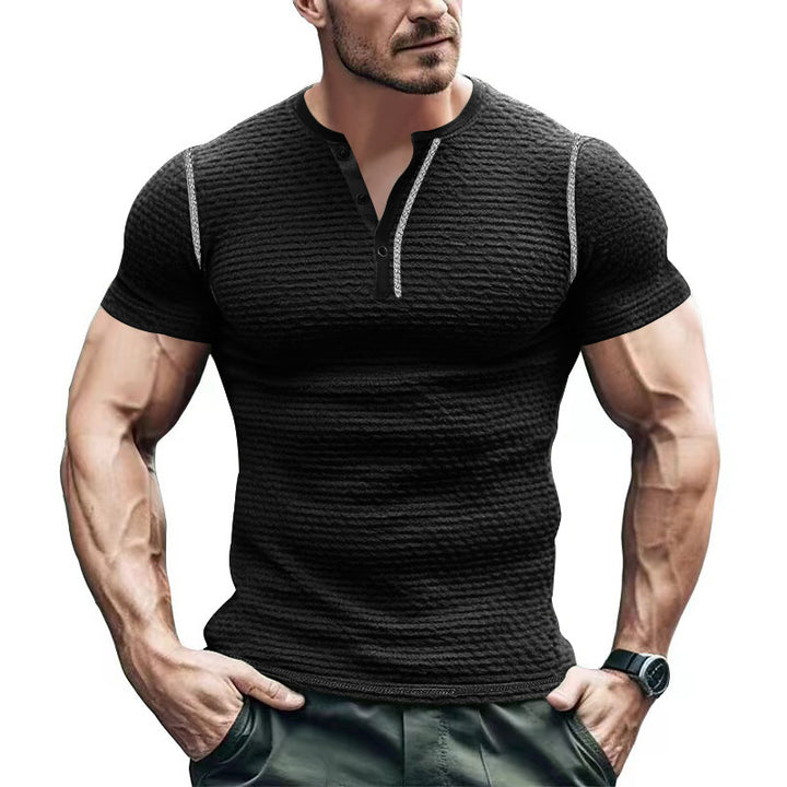 Men's structured short-sleeve henley with three-dimensional relief structure, reinforced button placket, and contrast piping StylebySassy