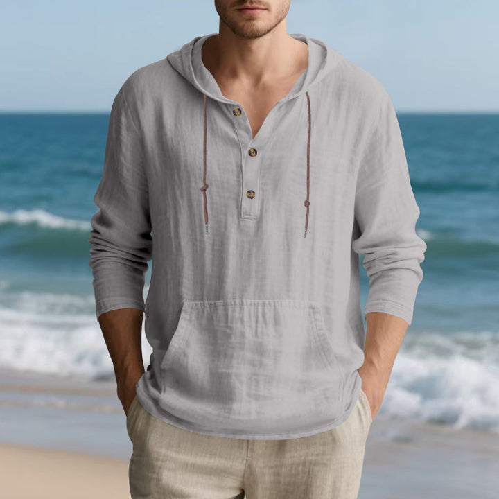 Men's lightweight hooded henley made of linen-cotton blend with kangaroo pocket and button placket StylebySassy