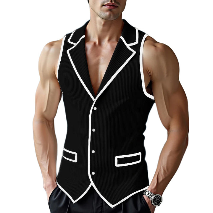 Men's sleeveless tailored jersey vest with notched lapel and contrast piping StylebySassy