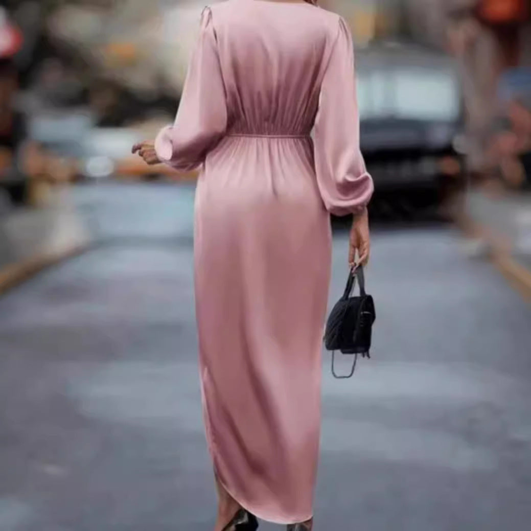 Women's elegant satin midi dress with twist waist V-neck and balloon sleeves StylebySassy
