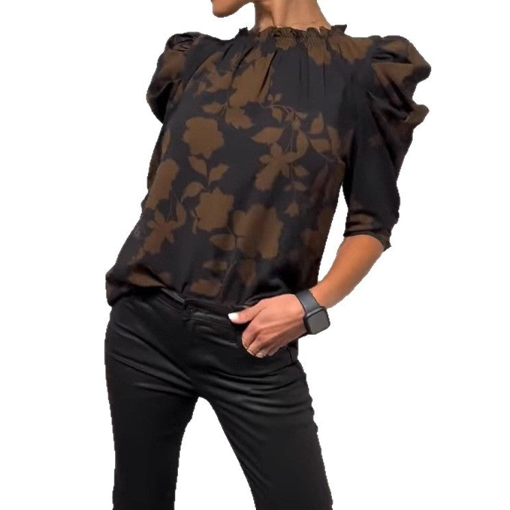 Women's wide-cut slip blouse with smocked ruffle collar and elbow-length puff sleeves StylebySassy