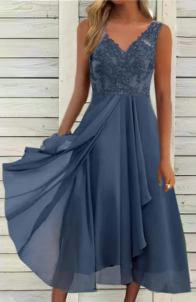 Women's elegant evening midi dress with embroidered lace bodice, tailored draping, and flowing layered skirt StylebySassy