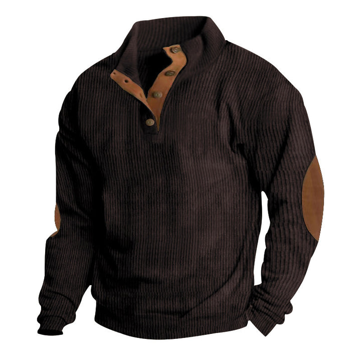 Men's chunky knit sweater with stand-up collar, button placket, and faux leather elbow patches StylebySassy
