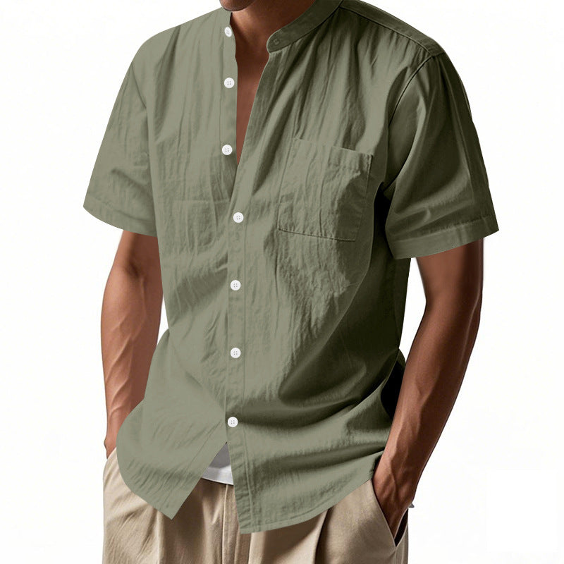 Men's nan legeres short-sleeve linen blend shirt with stand-up collar, chest pocket, and continuous button placket StylebySassy