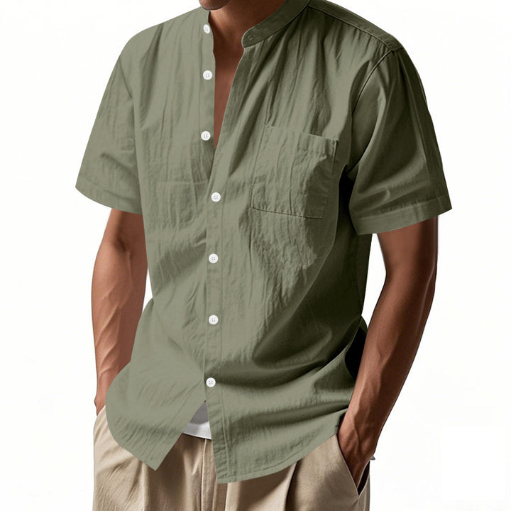Men's nan legeres short-sleeve linen blend shirt with stand-up collar, chest pocket, and continuous button placket StylebySassy