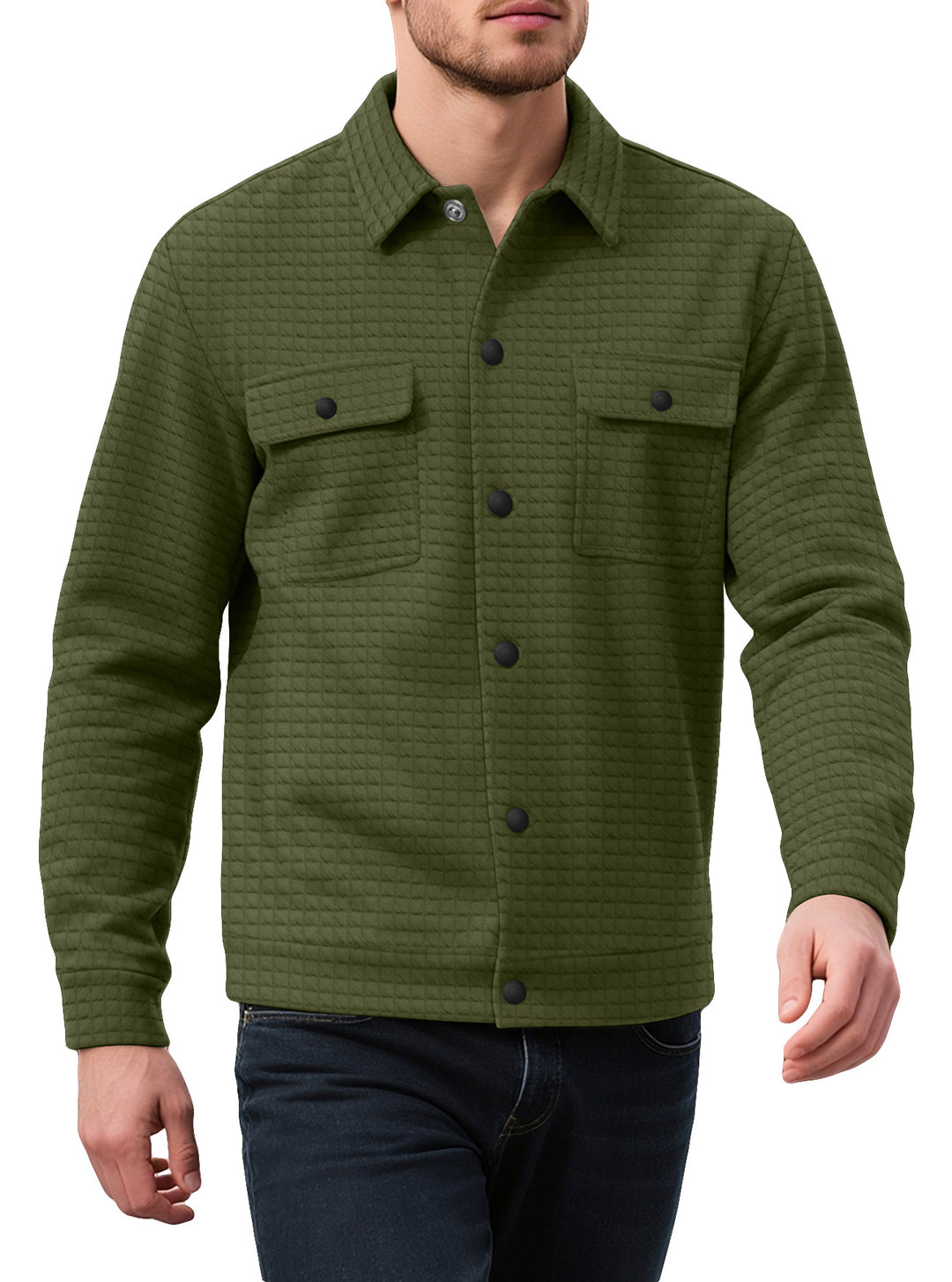 Men's quilted shirt jacket in overshirt style with snap button placket and applied chest flaps StylebySassy