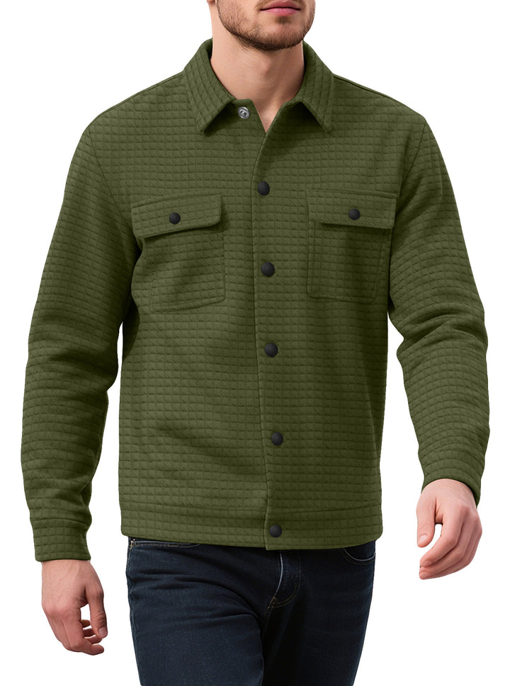Men's quilted shirt jacket in overshirt style with snap button placket and applied chest flaps StylebySassy