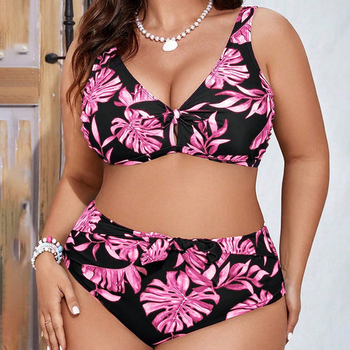 Women's High-Waist Bikini with Floral Design and Decorative Knot Detail StylebySassy