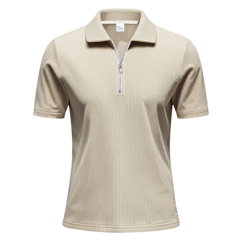 Men's short-sleeved polo with a short zipper at the collar and fine ribbed texture StylebySassy
