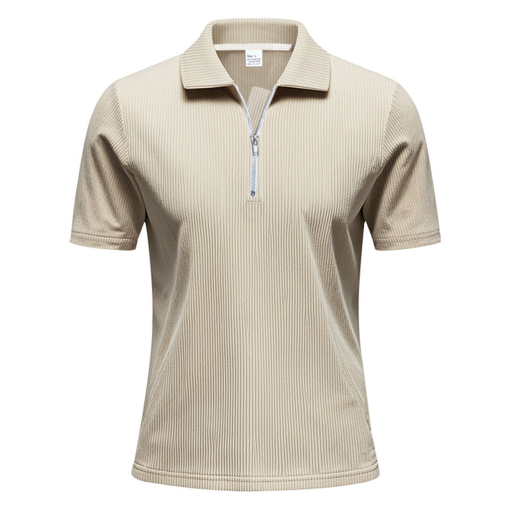 Men's short-sleeved polo with a short zipper at the collar and fine ribbed texture StylebySassy