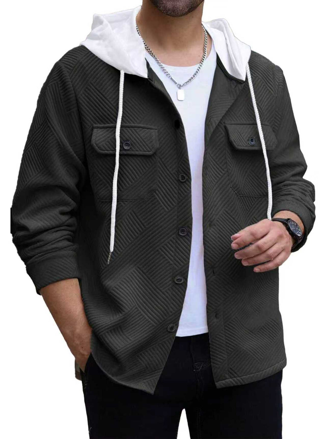 Men's structured overshirt jacket with quilted diagonal structure, contrast hood, and patch chest flaps StylebySassy