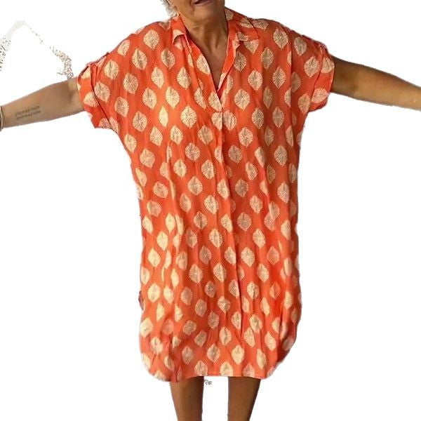 Women's NAN legeres Kaftan-mid dress with shirt collar V-neck short batwing sleeves and side insert pockets StylebySassy