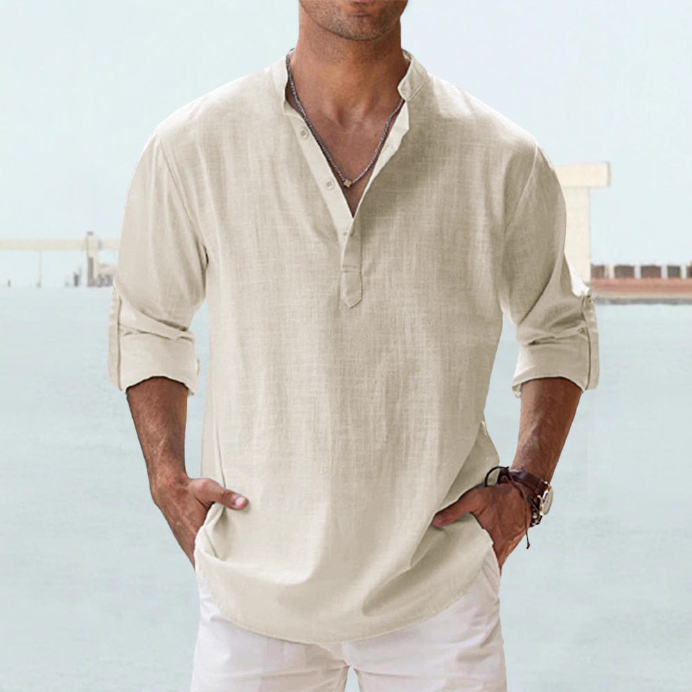 Men's nan casual linen henley shirt with stand-up collar, roll-up sleeves, and rounded hem StylebySassy