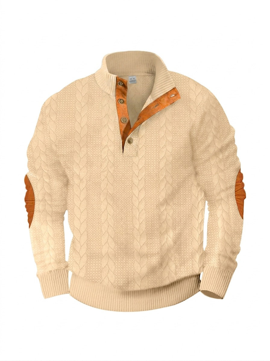 Men's casual cable knit pullover with reinforced button placket and suede elbow patches StylebySassy