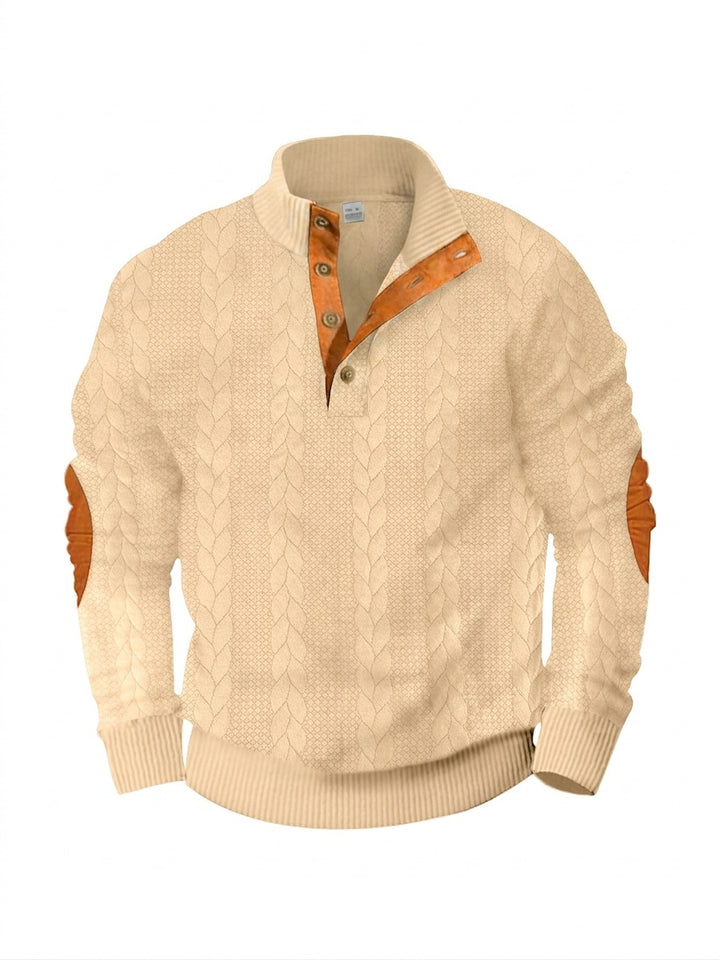 Men's casual cable knit pullover with reinforced button placket and suede elbow patches StylebySassy