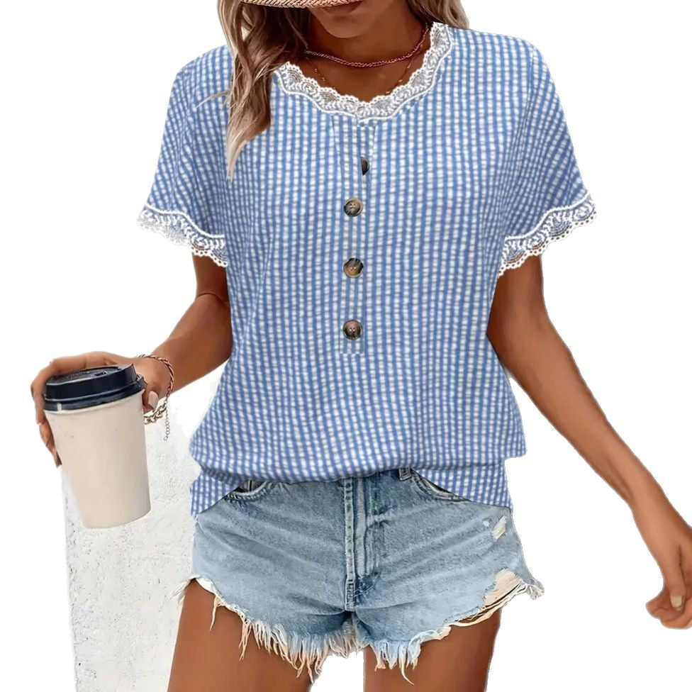 Women's short-sleeved Vichy check blouse with lace trim and decorative button placket StylebySassy
