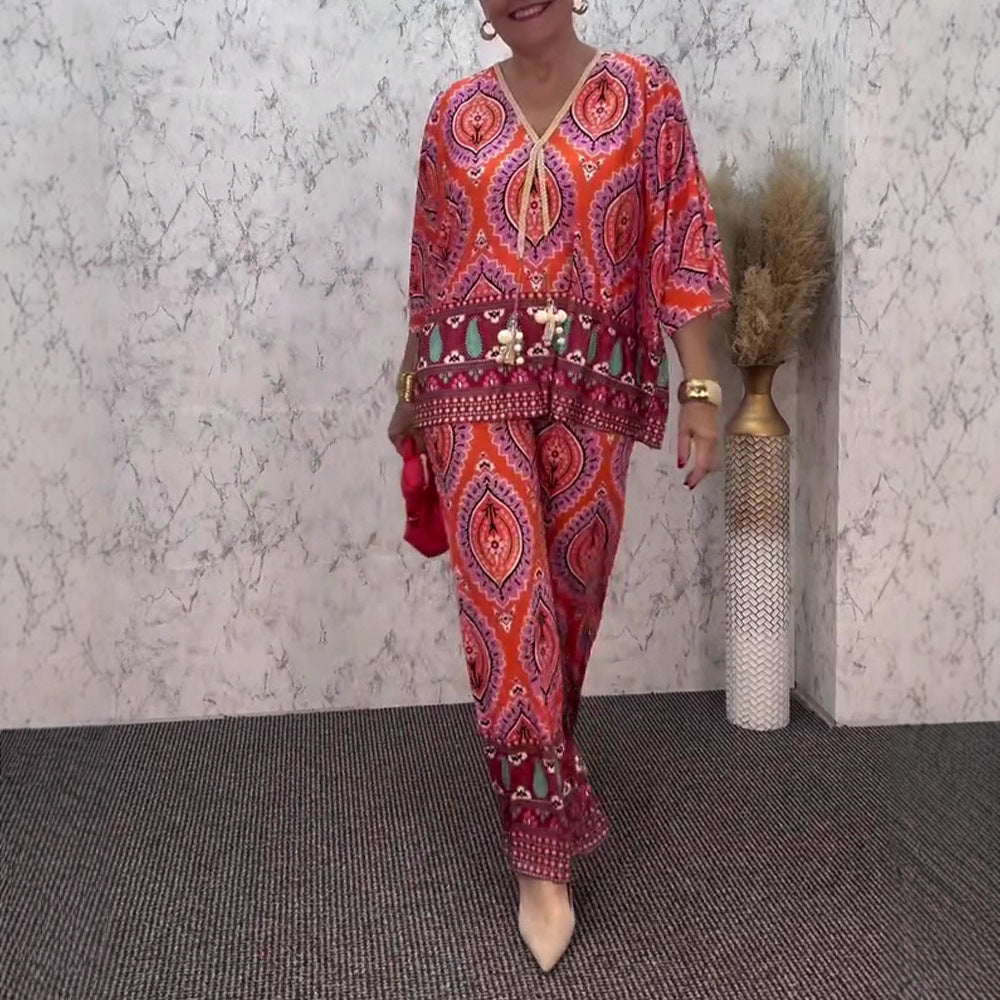 Ladies relaxed tunic and palazzo pants set with V-neck fringe band and wide leg StylebySassy
