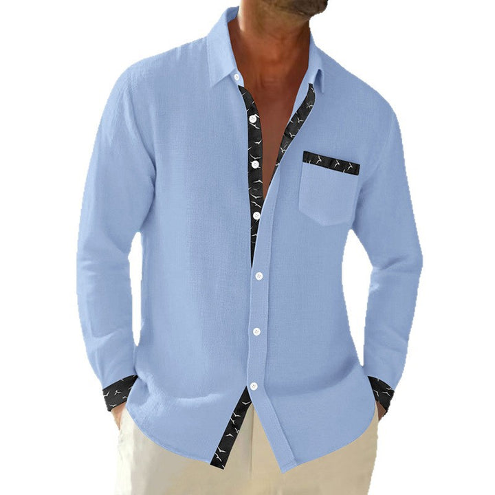 Men's casual linen blend shirt with contrasting trim on collar and cuffs as well as breast pocket StylebySassy