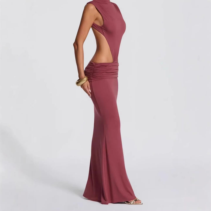 Women's Long Maxi Dress with Stylish Cut-Outs and Ruching