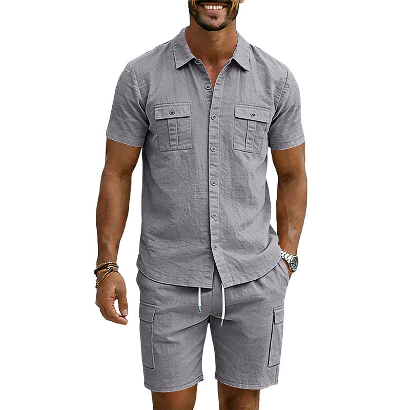 Men's summer short-sleeve shirt and cargo bermuda set made of linen blend with chest pockets and drawstring waistband StylebySassy