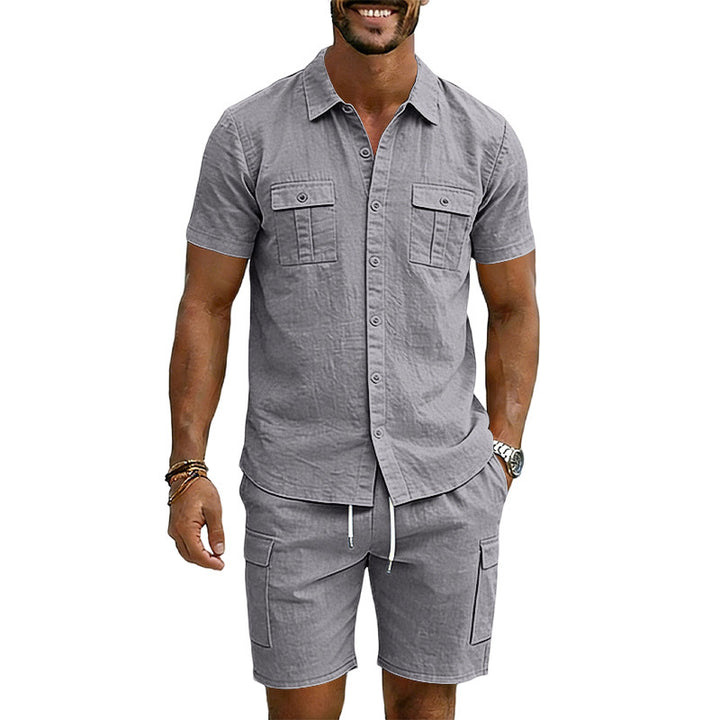Men's summer short-sleeve shirt and cargo bermuda set made of linen blend with chest pockets and drawstring waistband StylebySassy