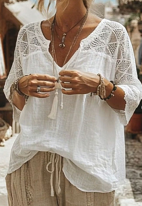 Women's locker-cut tunic with V-neck, crocheted yoke and elbow-length lace sleeves StylebySassy