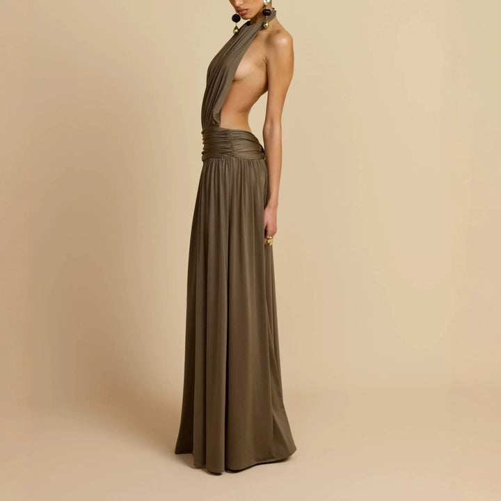 Women Elegant Maxi Dress with High Neck Halter