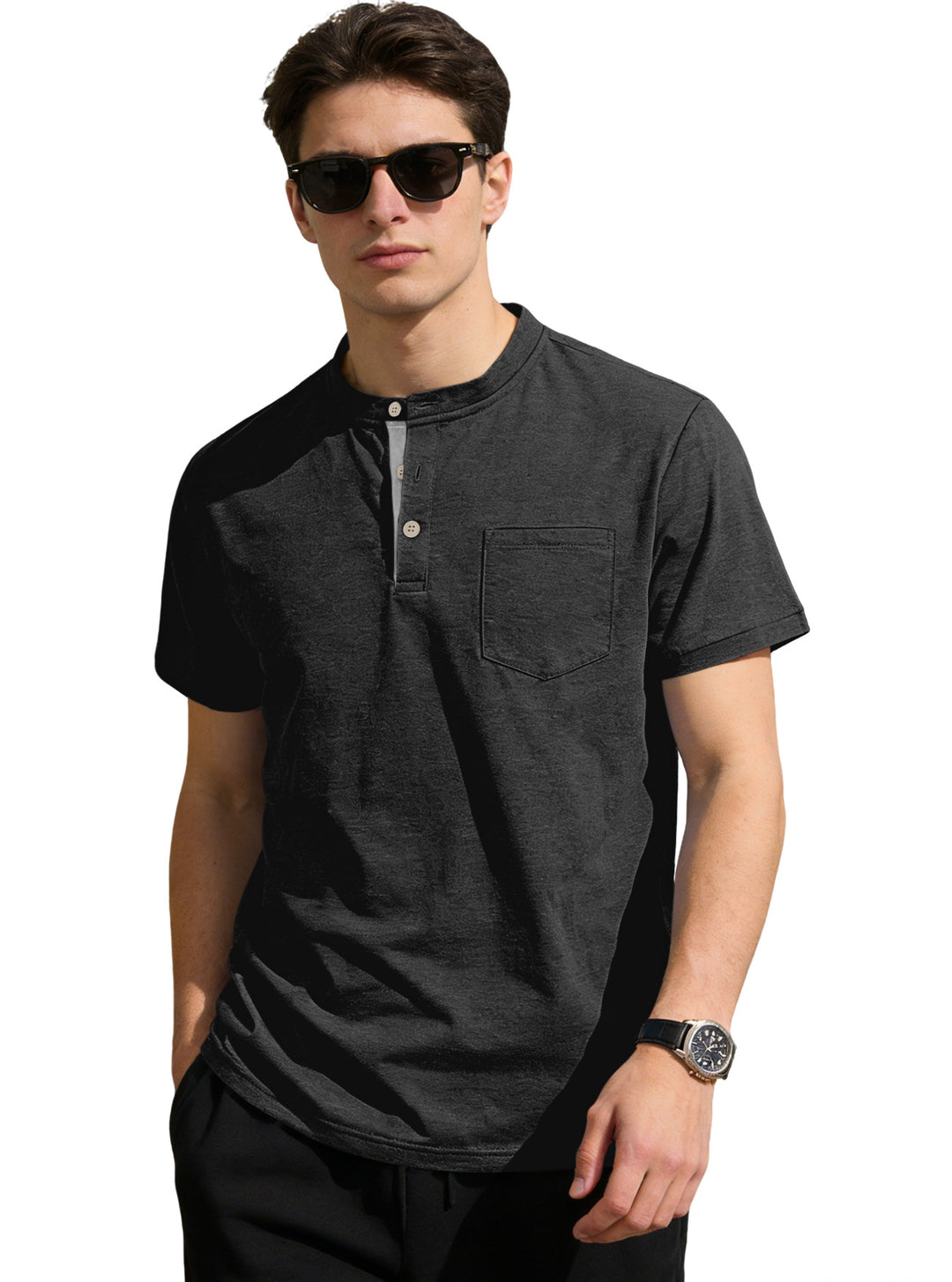 Men's structured cotton henley shirt with short stand-up collar button placket and chest pocket StylebySassy