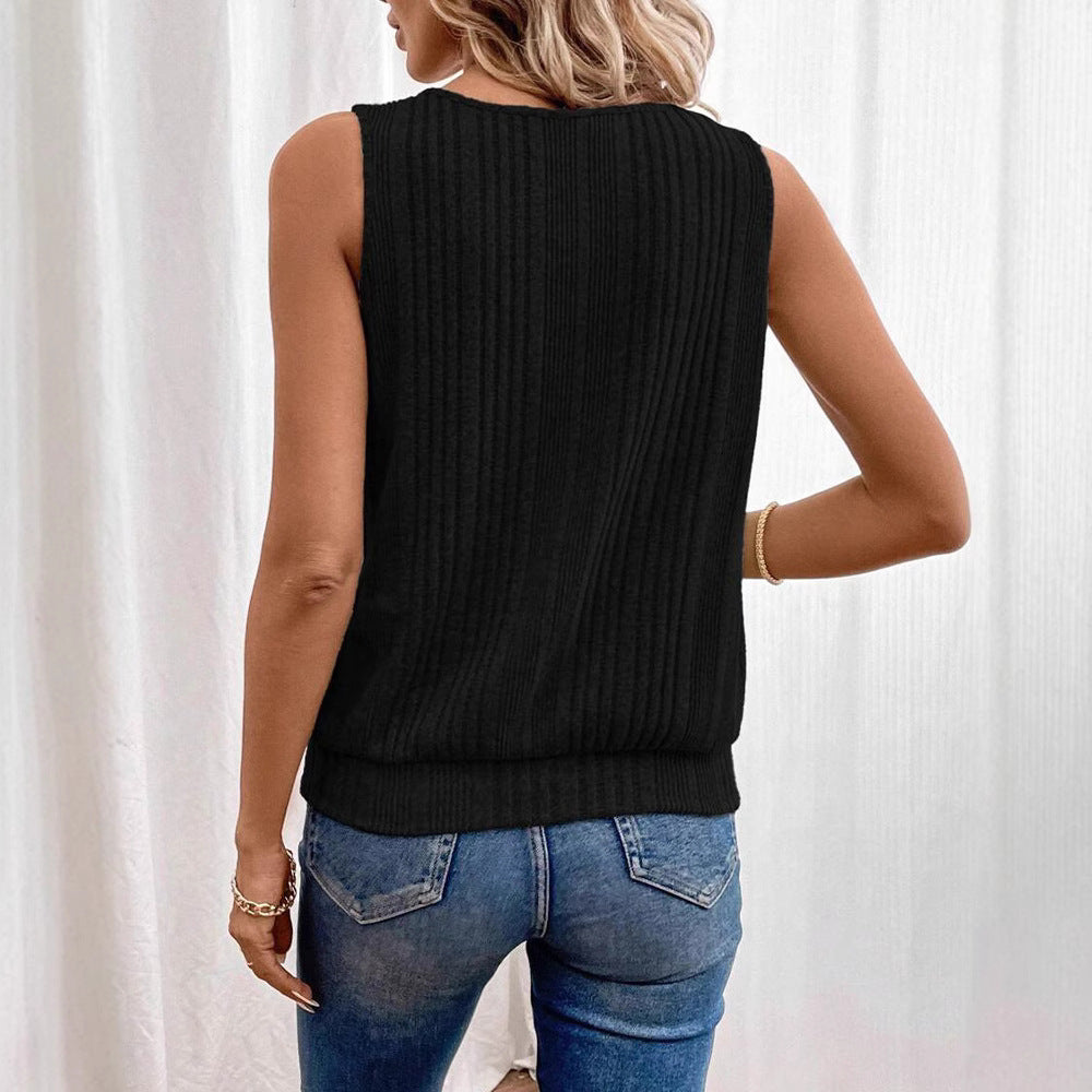 Women's lightly ribbed sleeveless knit top with slit detail and decorative closure StylebySassy