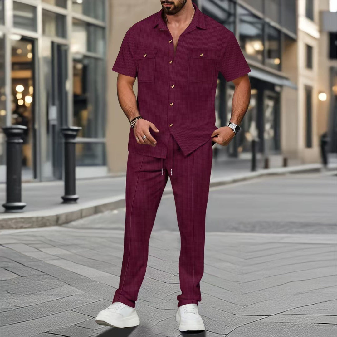 Men's casual tracksuit with short sleeve camp shirt and slim drawstring pants StylebySassy