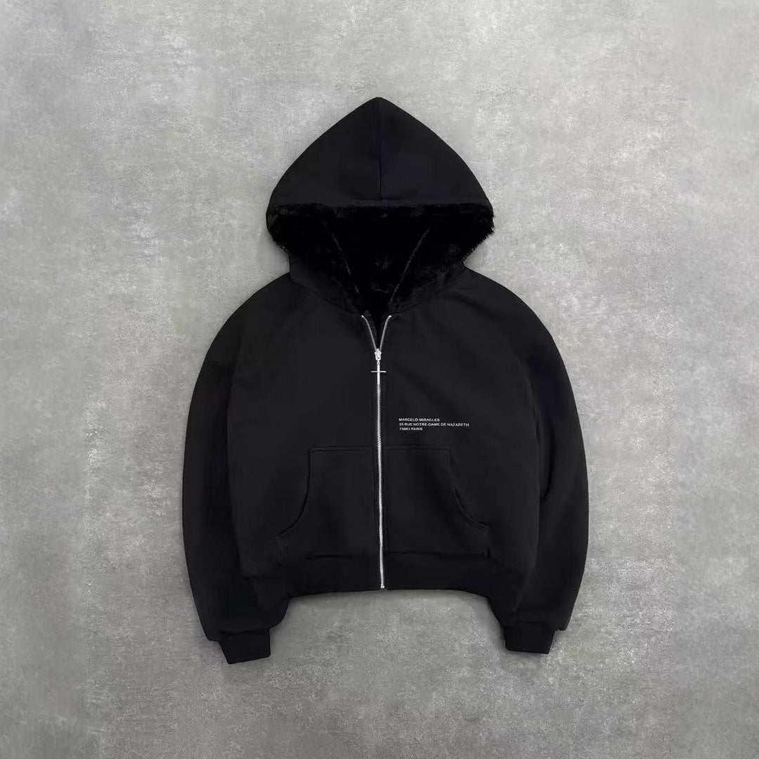 Unisex padded hooded jacket short cut with cross zipper StylebySassy