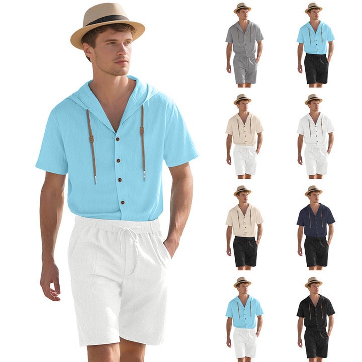Men's lightweight summer hoodie in linen look with continuous button placket and drawstring StylebySassy