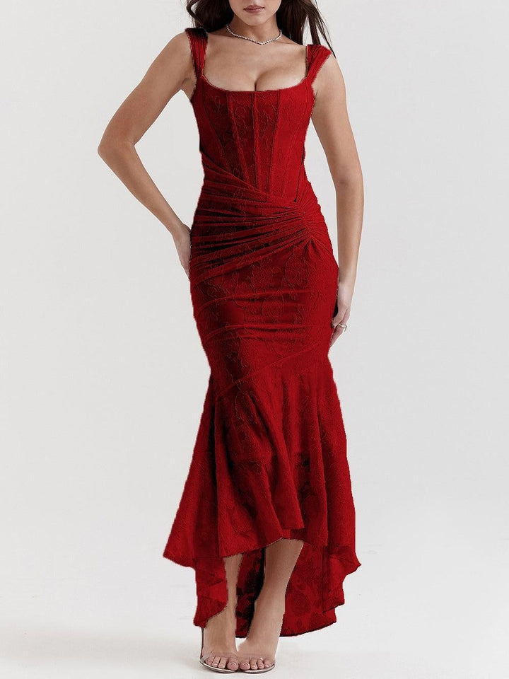 Women’s tight-fitting corset evening dress with integrated boning, ruched wrap design, and floral jacquard texture StylebySassy
